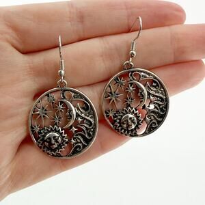 Celestial Sun Moon Stars Dangle Earrings Silver Tone Boho Gothic Vintage Style